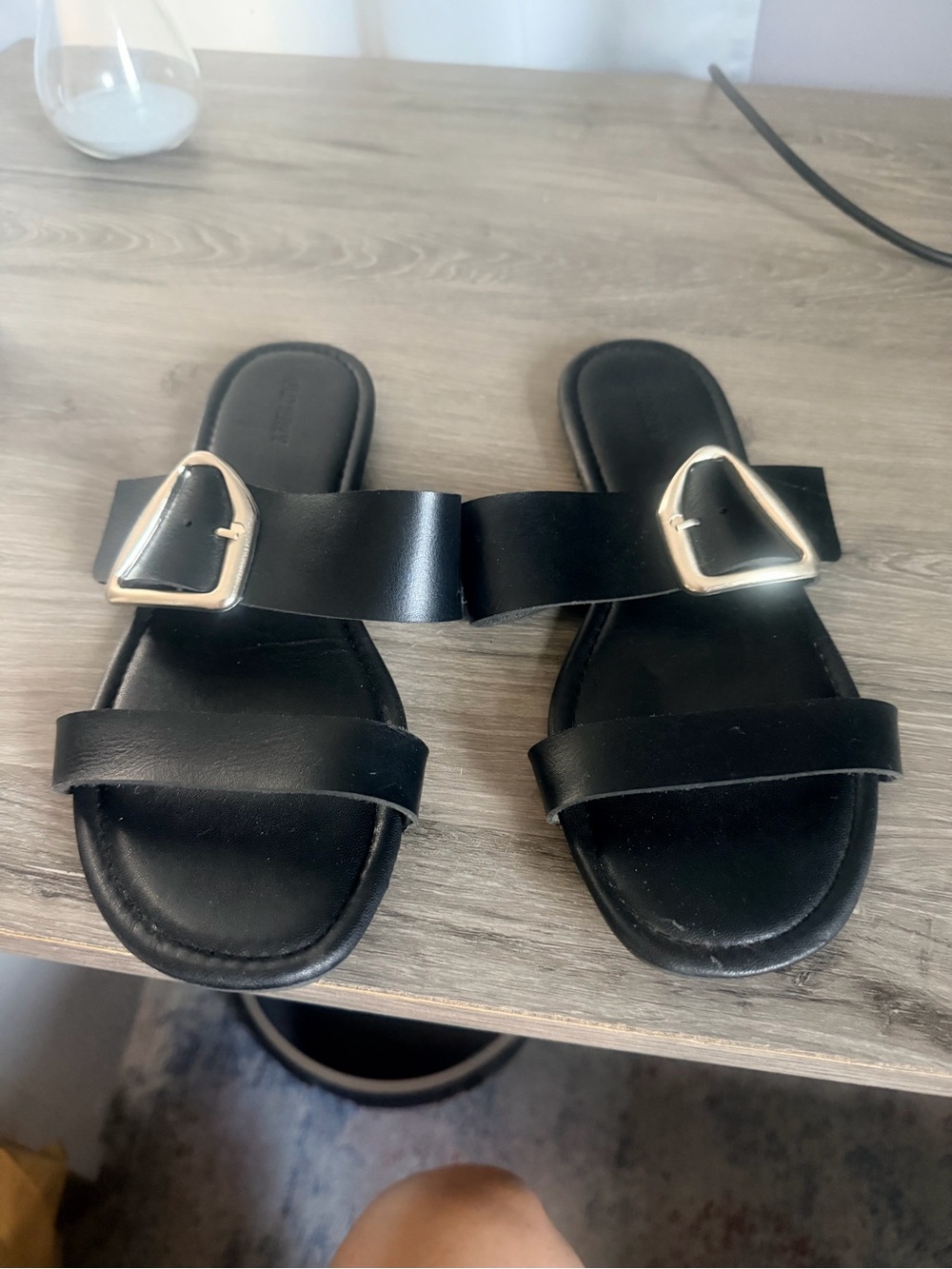 Black Leather Slide Sandals with Gold Buckles - Women
